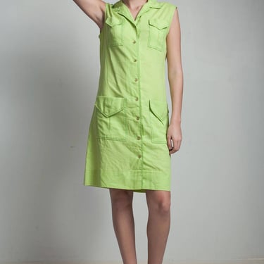 lime green sleeveless shirt dress vintage 70s 4 pockets buttons down front MEDIUM M 