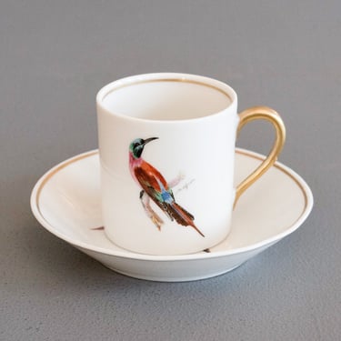 Vintage French Hand Painted & Signed Ornate Bird Motif Demitasse Demitasse Cup & Saucer Set w/ 24K Gold Accents