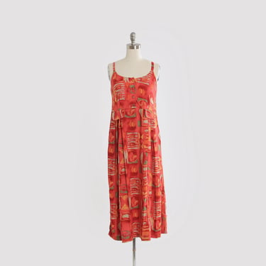 90s Orange rayon geometric midi dress 