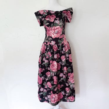 80s Gunne Sax Dark Romantic Cotton Rose Print Off Shoulder Party Dress | Small 