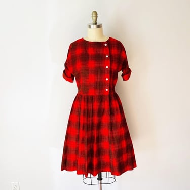 Madalyn Dress • Size S • 1960s Plaid Fit and Flare Dress Red Asymmetrical Button 