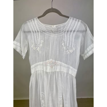 Antique Victorian Edwardian White Cotton Dress PinkWhite Floral Embroidery AS IS 