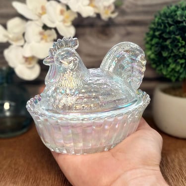 Crystal Carnival Glass Rooster Hen on Nest Chicken Candy Dish, Vintage Style Farmhouse Kitchen Decor, Depression Style Glass, Jewelry Box 