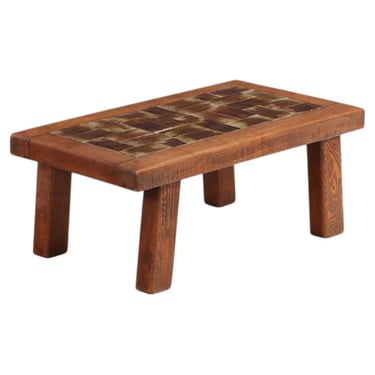 French Oak Brutalist Tile-Top Coffee Table, C. 1965.