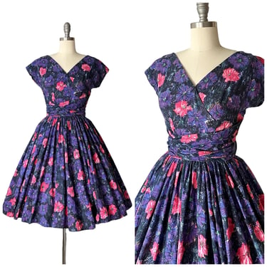 50s Purple & Pink Floral Jerry Gilden Cotton Print Dress / 1950s Vintage Sun Day Dress / Small / Size 4 to 6 