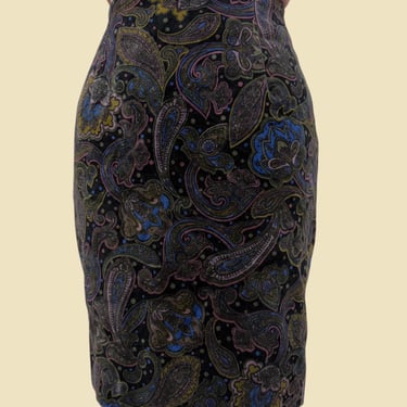 Vintage Velvet Skirt 1990s Retro Womens Size 2 + Preppy + Ann Taylor Studio + Paisley Pattern + Black/Blue/Green + Back Zipper 
