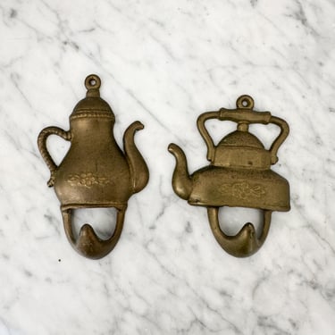 Pair of Vintage Brass Tea Kettle Teapot Shaped Wall Hooks for Kitchen 