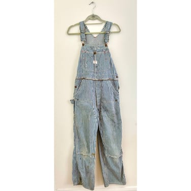 Vintage 1970s Big Mac 36x28 Hickory Stripe Workwear Railroad Overalls Distressed 