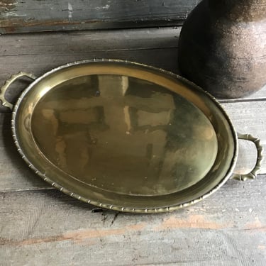 Brass Serving Tray, Faux Bamboo, Handles, Oval, Footed, Barware, Dresser, Gallery Tray, Aged Brass Patina, Handcrafted, Home Decor 