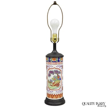 Vintage Chinoiserie Japanese Porcelain Cylinder Oriental Painted Table Lamp