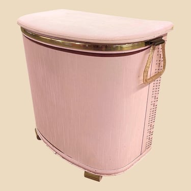 Vintage Pearl-Wick Clothes Hamper Retro 1950s Mid Century Modern + Pink Vinyl + Wicker + Bathroom/Bedroom + Dirty Clothes Storage + Atomic 