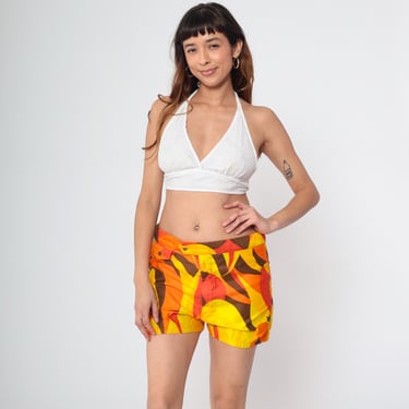 Vintage 70s Hawaiian Board Shorts Kamehameha Abstract Yellow Orange Swim Trunks Bathing Suit Striped 1970s Hipster Swimsuit Retro Medium 