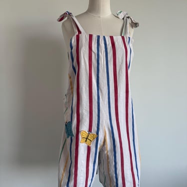 Vintage 70s Fall Pinstripe Cotton Overalls Light Wash Fitted; 70s Rainbow Striped Jumper; 60s Novelty Butterfly Pants Suspender Coveralls 