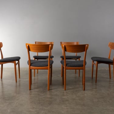 6 Restored Vintage Scandinavian Teak Dining Chairs with Charcoal Wool Upholstery - Mid Century Modern 
