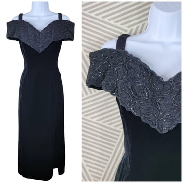 Vintage Evening Black Sequin Lace Velvet Off Shoulder Dress Size 6 8 Small Prom Event 