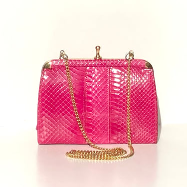 Vintage Fuchsia Pink Snakeskin Clutch Bag with Fold In Chain and Leather Lining Made in England 