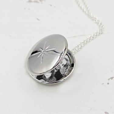 Large Silver Starburst Locket Necklace, Photo Locket, Family Picture Gift, Art Deco Jewelry, Christmas Locket 