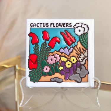 Vintage Hand-Painted Cactus Flower Ceramic Trivet or Wall Hanging Tile: Southwestern Botanical Home Decor 