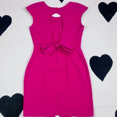 80s hot pink open back new wave bow dress 1980s vintage cotton cutout bodycon Barbie sexy pinup fitted short dress Large L XL size 11 12 