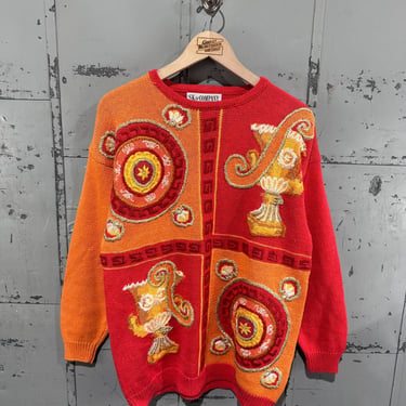 Vintage 90s SK & Company Cotton Blend Funky Warm Gauntlet Pattern Pullover Sweater Small 