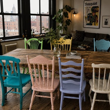 Vintage Mismatched Painted Dining Chairs Set | Colorful Farmhouse Kitchen Chairs | Cottagecore | Boho | Eclectic Dining Room | Solid Wood Ch 