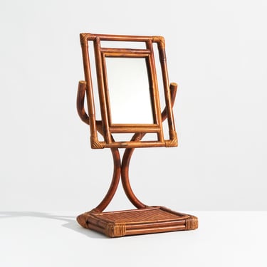 Vintage Bamboo and Rattan Swinging Tabletop Vanity Mirror 