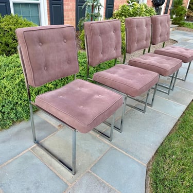 Set of 4 Milo Baughman Style Chrome Suede Dining Chairs 1970s - Free Shipping 