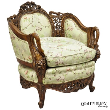 Antique Italian Regency Swan Carved Walnut French Victorian Club Lounge Chair