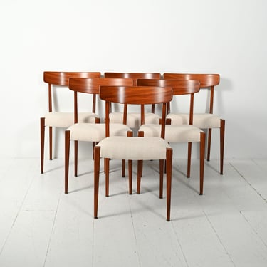 Set of 6 Scandinavian Teak Dining Chairs 1960s, Mid Century Danish Modern Chairs, Curved Back Teak Chairs, Cream Velvet Upholstered Seat 