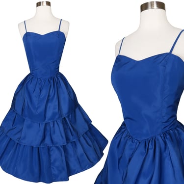 Vintage 80s 50s Blue Taffeta Full Tiered Skirt Prom Party Dress M Medium Sweetheart Spaghetti Straps Womens Costume Swing Dance Pinup 