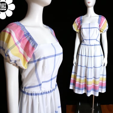 Sweet Vintage 60s 70s White Blue Yellow Pink Plaid Cotton Fit & Flare Dress by Vicky Vaughn 