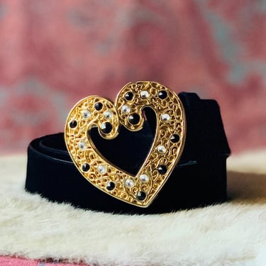 1990s SUPER EXPRESS Gold Rhinestone Heart Buckle Belt / Vintage Black Suede Statement Belt / Designer Genuine Leather Belt / Women's M - L 