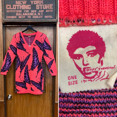 Vintage 1980s Punk Label Betsey Johnson Pink Black Knit Butterfly Design New Wave Sweater Dress, Sweater Dress, Knit Dress, Betsey Johnson, 