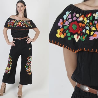 Black Cotton Mexican Jumpsuit, Wide Leg Embroidered Playsuit, Guatemalan Fiesta Dress 