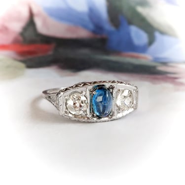 Art Deco Blue Topaz and Diamond Filigree Ring 18K White Gold 