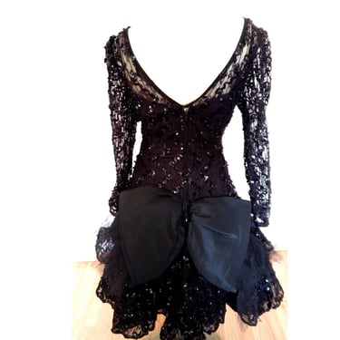 80&rsquo;s PROM DRESS Julie Duroche dress big bow ruffled puffy 80's prom dress by After Five black sequin lace  party prom dress, size xs s 4 