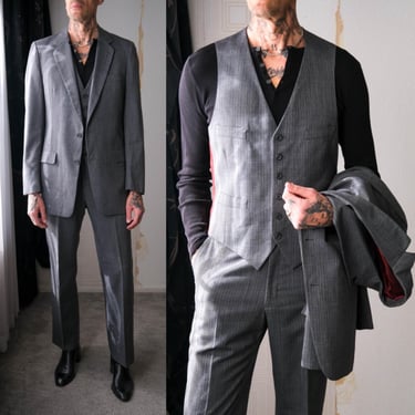 Vintage 70s Christian Dior Monsieur HS&M Peppered Dark Gray Pinstriped Three Piece Flare Leg Suit | Made in USA | 1970s Dior Designer Suit 