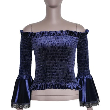 Victorian Gothic Blue Black Off Shoulder Bell Sleeve Velvet Lace Scrunched Top Size Small Cold Shoulder Blouse 3/4 Sleeve Formal Evening Top 