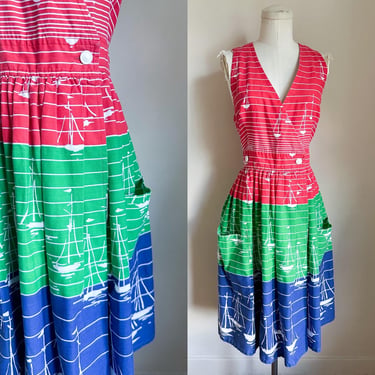 Vintage 1970s Sailor Boat Color Block Wrap Dress / S-M 