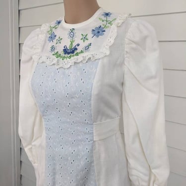 70s Gunne Sax Style Dress Prairie Wedding Embroidered Eyelet Bridal Victorian Dress Vintage XS 