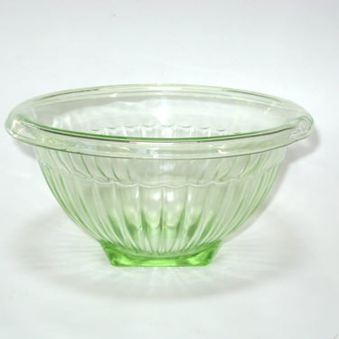 Hazel Atlas URANIUM GREEN Glass Ribbed Mixing Bowl Blacklight Glows; Vintage Depression Era Kitchen Glassware 