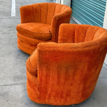 Mid-Century Milo Baughman Orange Swivel Chairs - a Pair 