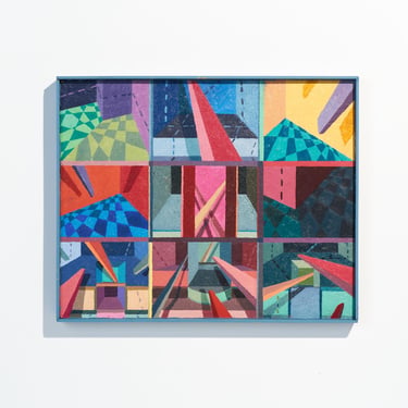 Vintage Original Op Art Oil Painting of Colorful Geometric Rooms // “Uni-Unit” by Tori Scott // Framed Oil On Wood Board // Artist Signed 
