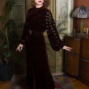 1930s Dress - Exquisite Vintage 30s Le'Vine Brown Silk Velvet Gown with Feather-Studded Bishop Sleeves - Autumn Lookbook 2026 