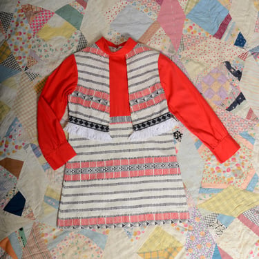 vintage 60s western style dress by Sears / patterned cotton mini dress with attached vest / bright bold statement / XS 