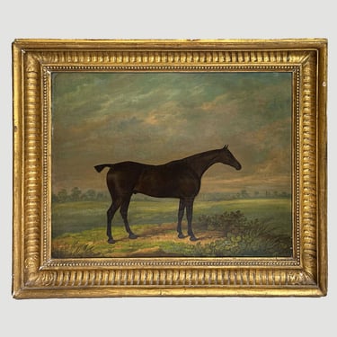 1820s “Dark Bay Hunter in a Landscape” Antique Equestrian Horse Painting Oil on Canvas by James Barenger The Younger 