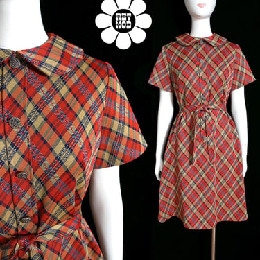 Iconic Mod Vintage 60s 70s Orange Gold Navy Plaid Dress with Peter Pan Collar 