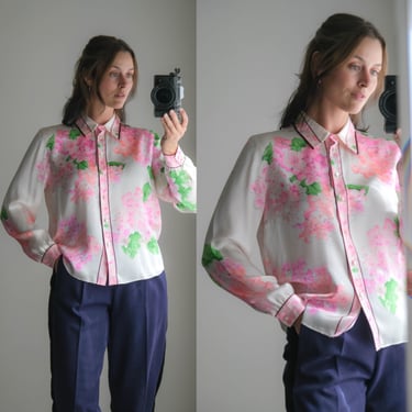 Vintage 90s STARINGTON Liquid Silk Bright Floral Print Button Up Blouse w/ Pearlescent Buttons | 100% Silk | 1990s Designer Jewel Tone Top 
