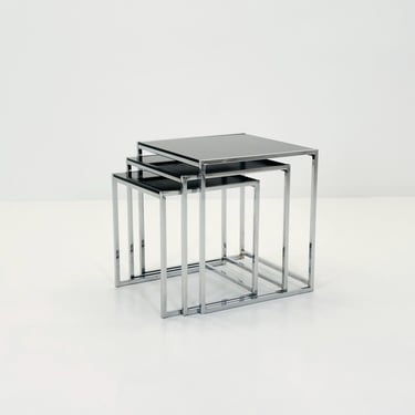 Set of 3 Italian Postmodern Nesting Tables, Black Glass & Chrome Coffee Tables, Milo Baughman Style, 1980s Italy 