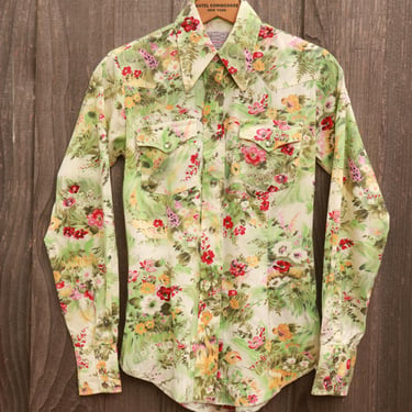 Vintage H Bar C Ranchwear Permanent Press Floral Long Tail Pearl Snap Western Shirt 